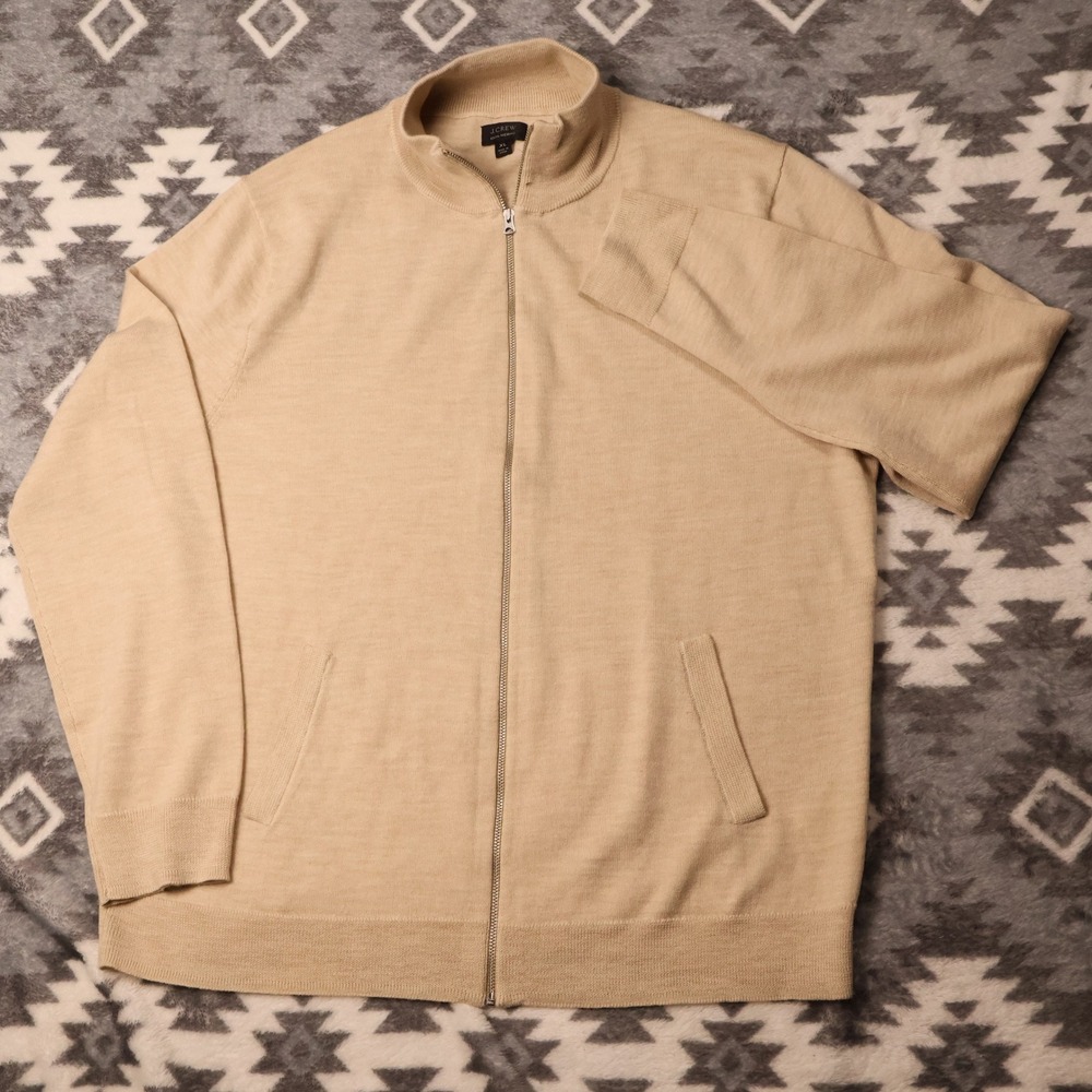 J.Crew Mens XL Tan 100% Merino Wool Full Zip Cardigan Sweater Mock Neck Beige